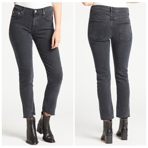 AGOLDE Toni Mid Rise Straight Leg Raw Hem Jeans in Black Feral Wash‎ Size 26 - Picture 1 of 15